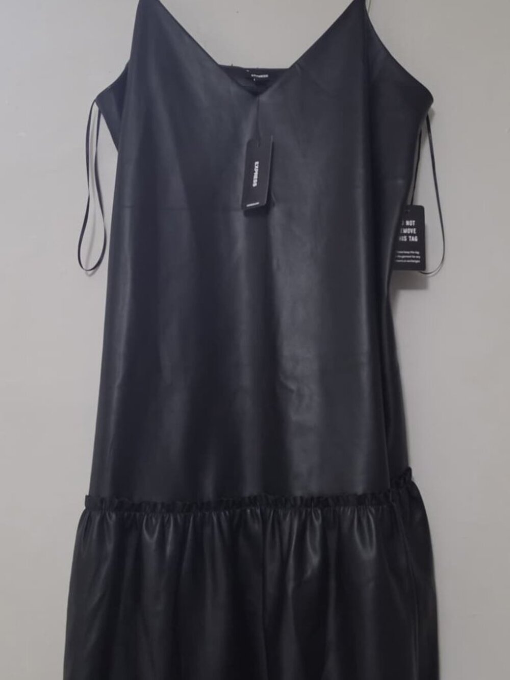 Women's Black Faux Leather V-Neck Mini Slip Dress with Ruffle Hem